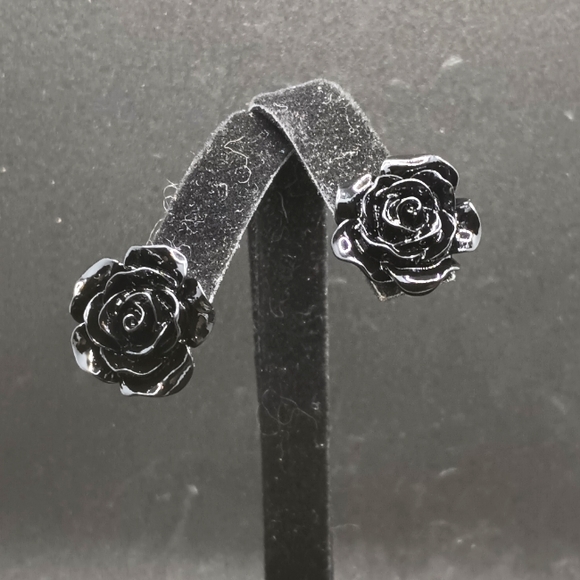 Hand Crafted Jewelry - handmade goth large black rose stud earrings